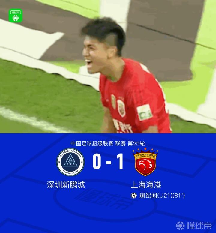 新鹏城0-1海港,蒯纪闻斩获个人中超首球,武磊献助攻