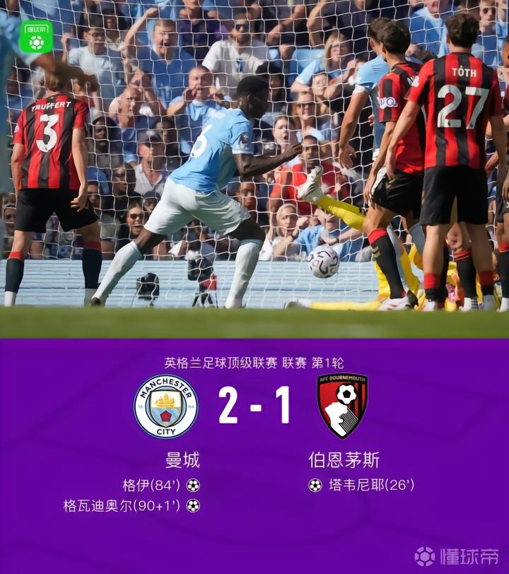 曼城2-1伯恩茅斯:格瓦迪奥尔绝杀,格伊扳平