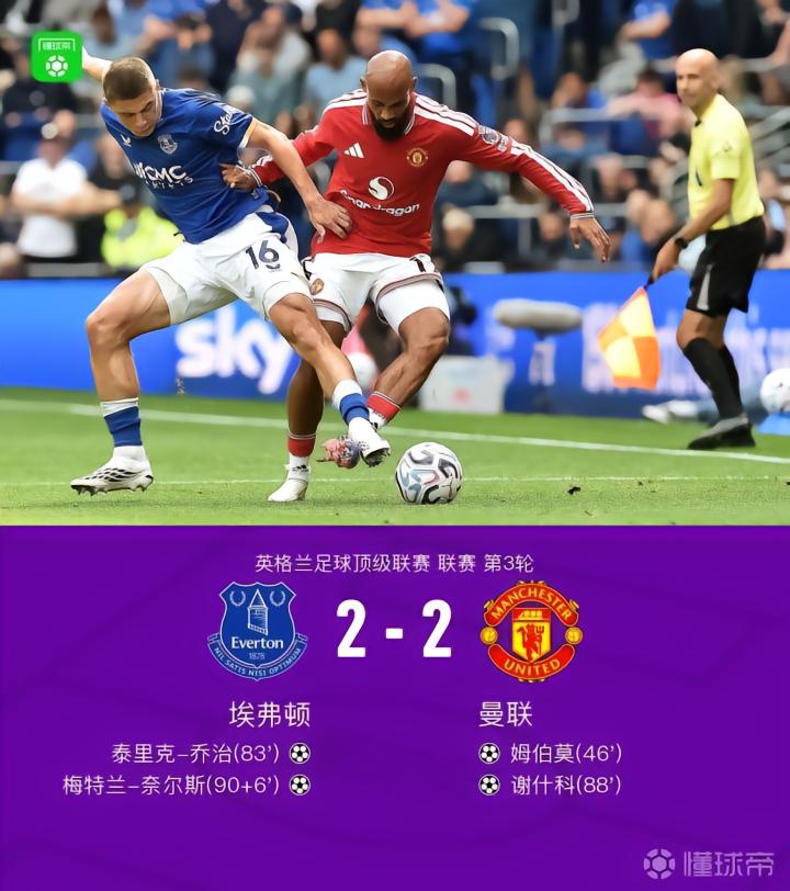 曼联客场2-2战平埃弗顿，姆伯莫与奈尔斯各有精彩表现